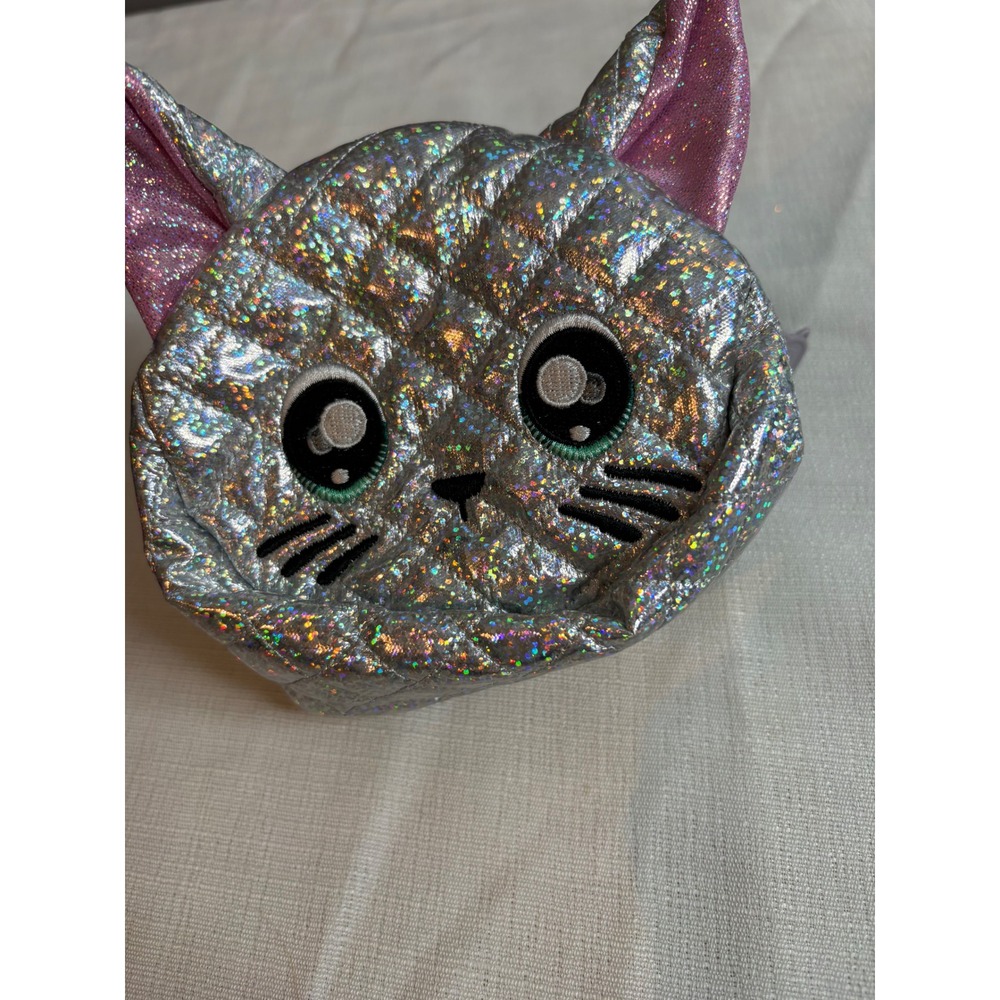 Na! Na! Na! Surprise Silver Holographic Quilted Cat Coin Purse Clip On Pouch
